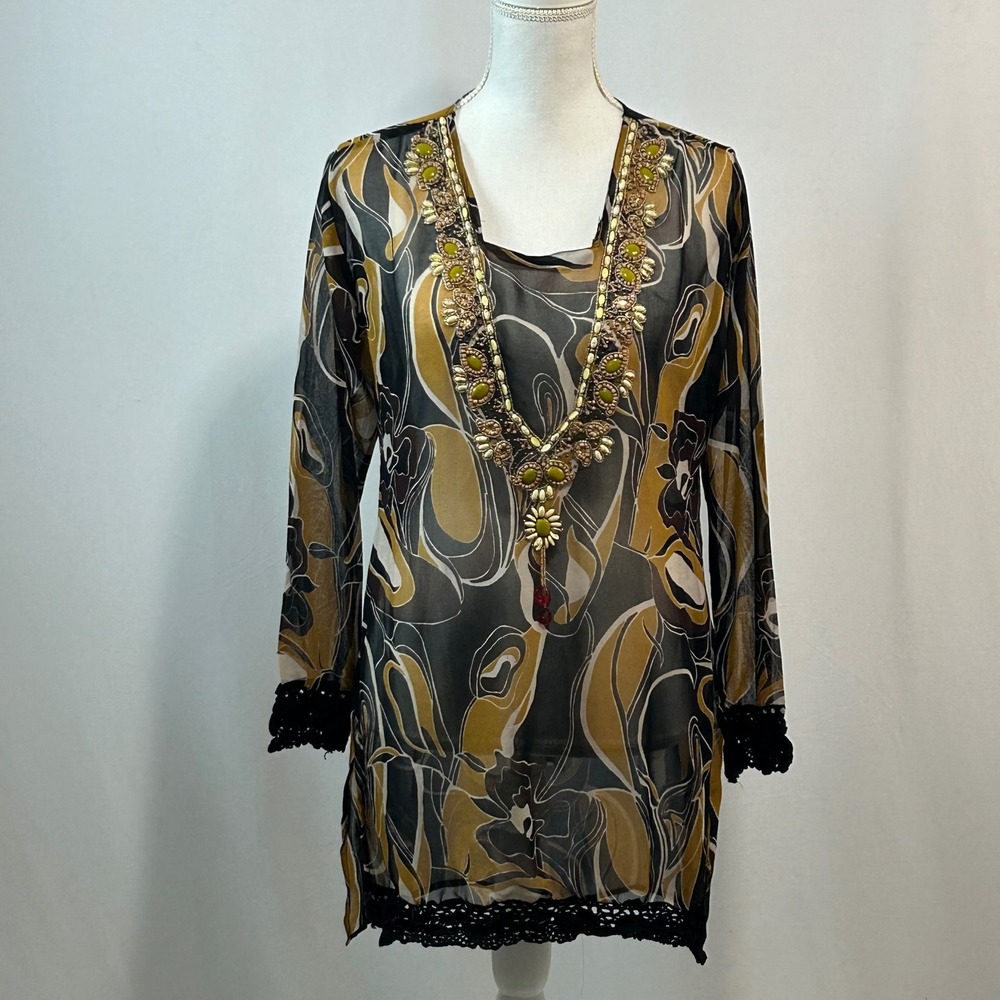 Ivory Size 14 Embellished Tunic Top Black Crochet Trim Long Sleeve‎ Sheer